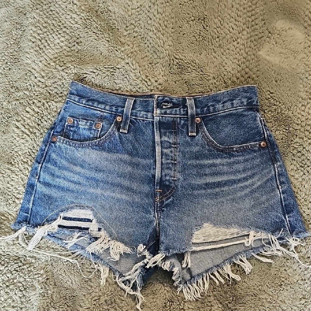 Levi's Distressed High-Rise Denim Shorts - Blue